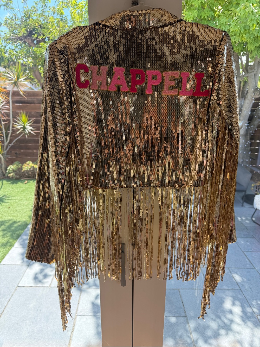 Nasty Gal Gold Sequin Fringe Jacket with Chappell Roan Pink Lettering/ Halloween